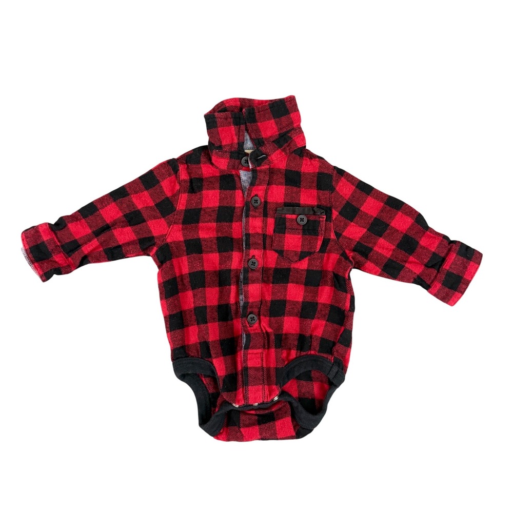 Cherokee Baby‎ Boys 0-3M Red Black Buffalo Plaid Long Sleeve Bodysuit Onesie